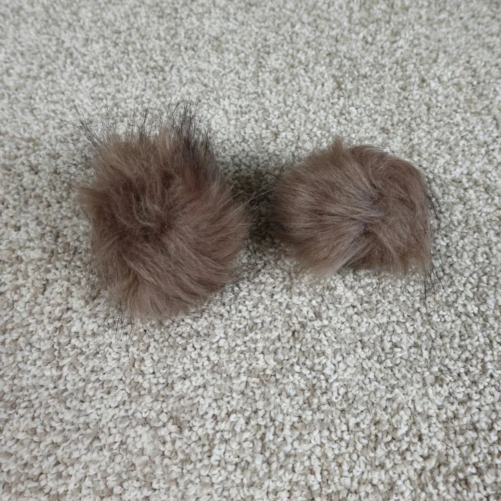 Brown Faux Fur Pom Pom Set of 2 Beanie Hat Topper with Elastic Loop 3.5 Inch